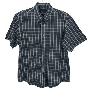 Van Heusen Shirt Mens Large Black Plaid‎ No Iron Short Sleeve Button Up Cotton